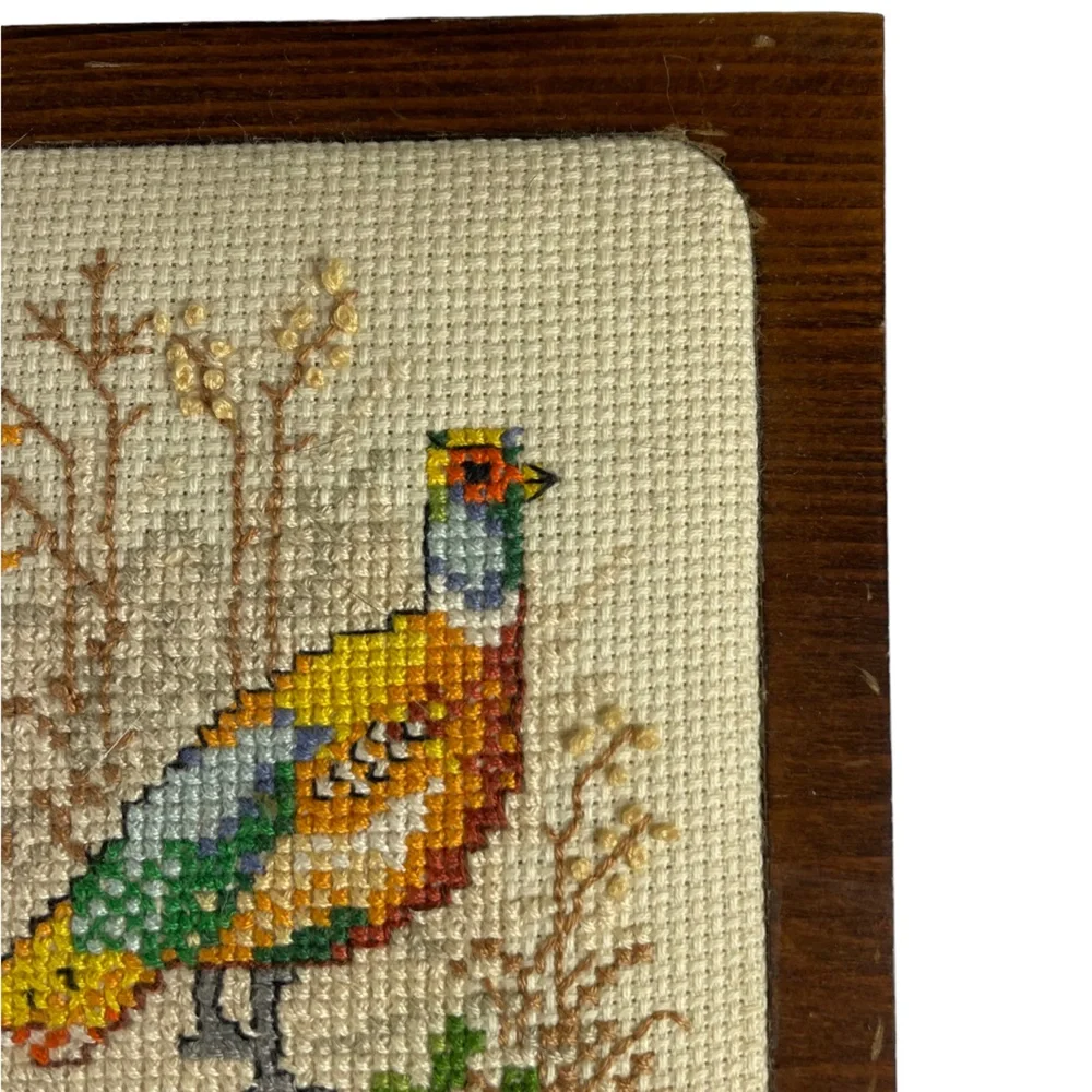 Vintage Needlepoint Pheasant Square Wooden Flip-top Treasure Keepsake Hinged Box